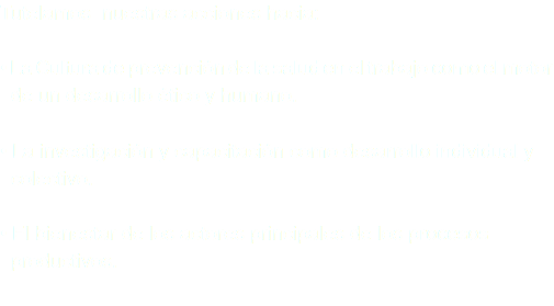 Tutelamos nuestras acciones hacia: • La Cultura de prevención de la salud en el trabajo como el motor de un desarrollo ético y humano. • La investigación y capacitación como desarrollo individual y colectivo. • El bienestar de los actores principales de los procesos productivos. 