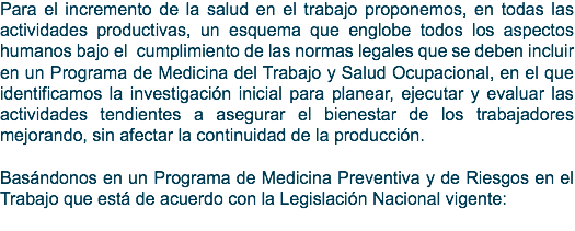 Para el incremento de la salud en el trabajo proponemos, en todas las actividades productivas, un esquema que englobe todos los aspectos humanos bajo el cumplimiento de las normas legales que se deben incluir en un Programa de Medicina del Trabajo y Salud Ocupacional, en el que identificamos la investigación inicial para planear, ejecutar y evaluar las actividades tendientes a asegurar el bienestar de los trabajadores mejorando, sin afectar la continuidad de la producción. Basándonos en un Programa de Medicina Preventiva y de Riesgos en el Trabajo que está de acuerdo con la Legislación Nacional vigente:
