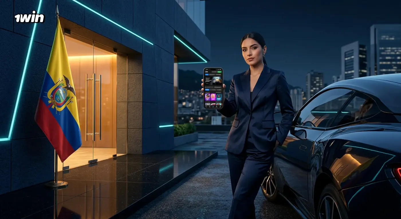 Mujer con traje azul marino mostrando la app de 1win en su celular junto a un auto en la noche, con la bandera de Ecuador